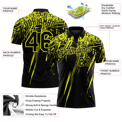 Custom Black-Neon Yellow Distressed Scratch Brush Stroke Performance Polo Shirt