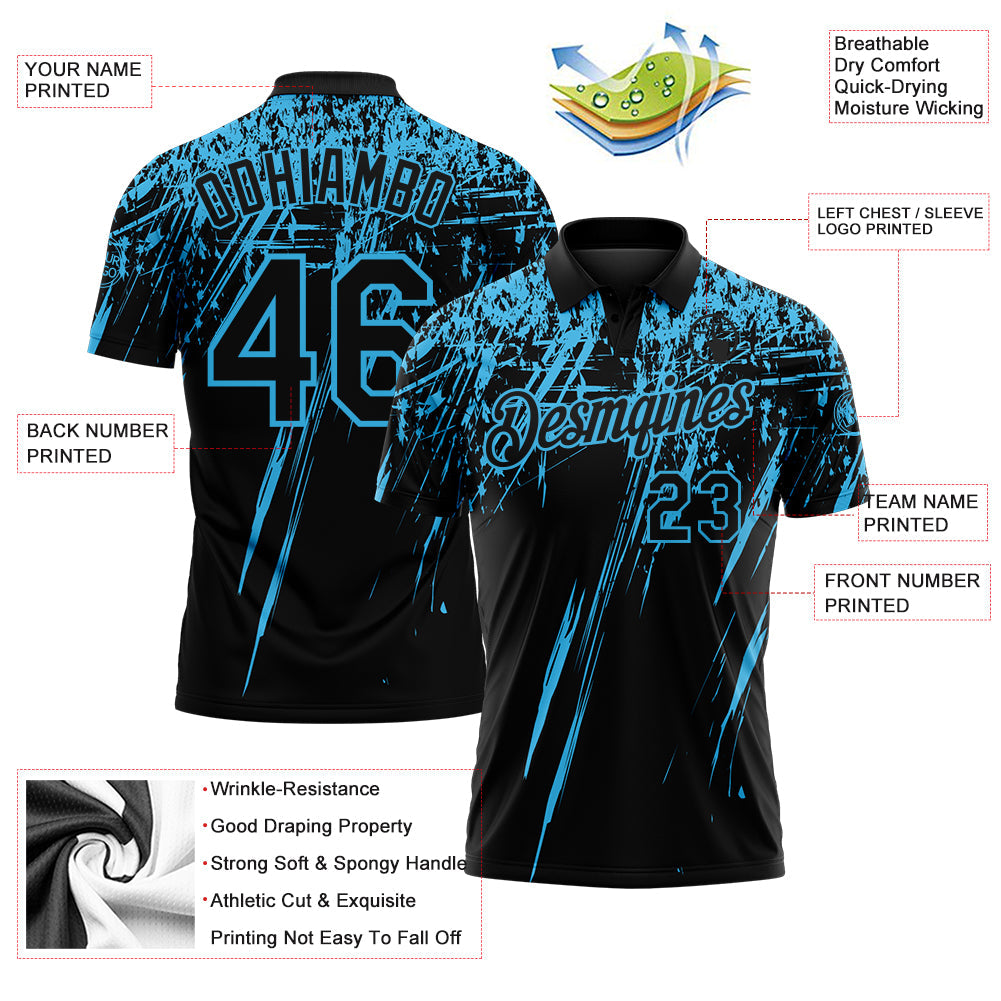 Custom Black-Sky Blue Distressed Scratch Brush Stroke Performance Polo Shirt