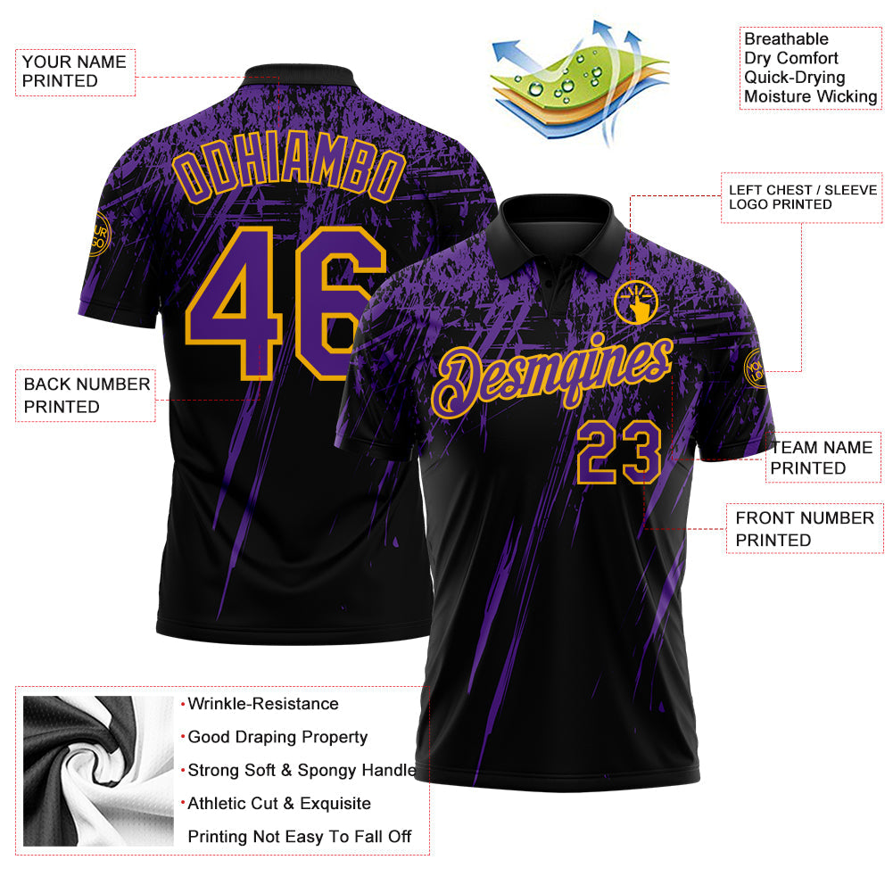 Custom Black Purple-Gold Distressed Scratch Brush Stroke Performance Polo Shirt