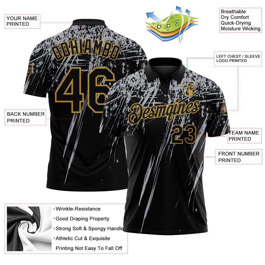 Custom Black Gray-Old Gold Distressed Scratch Brush Stroke Performance Polo Shirt