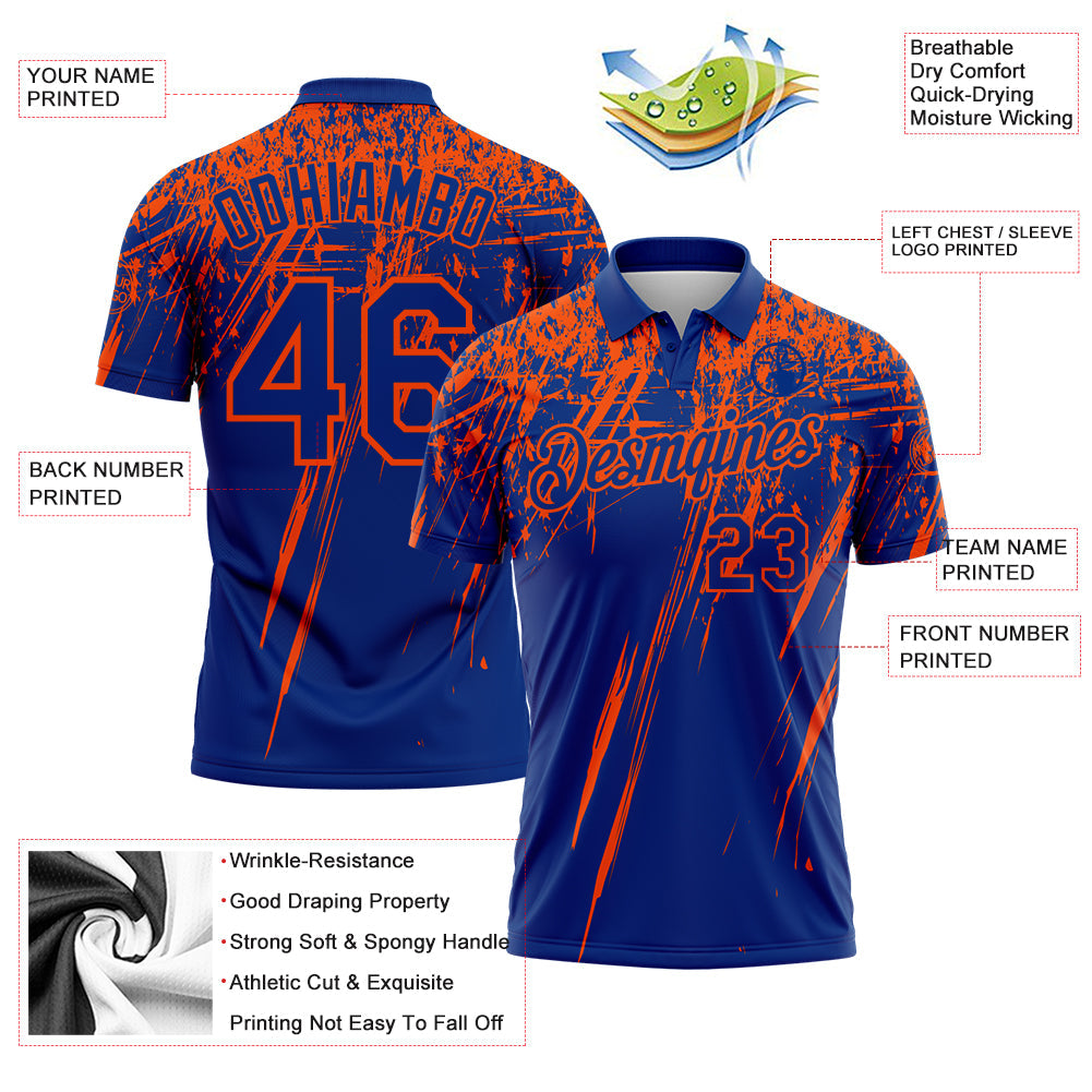 Custom Royal-Orange Distressed Scratch Brush Stroke Performance Polo Shirt