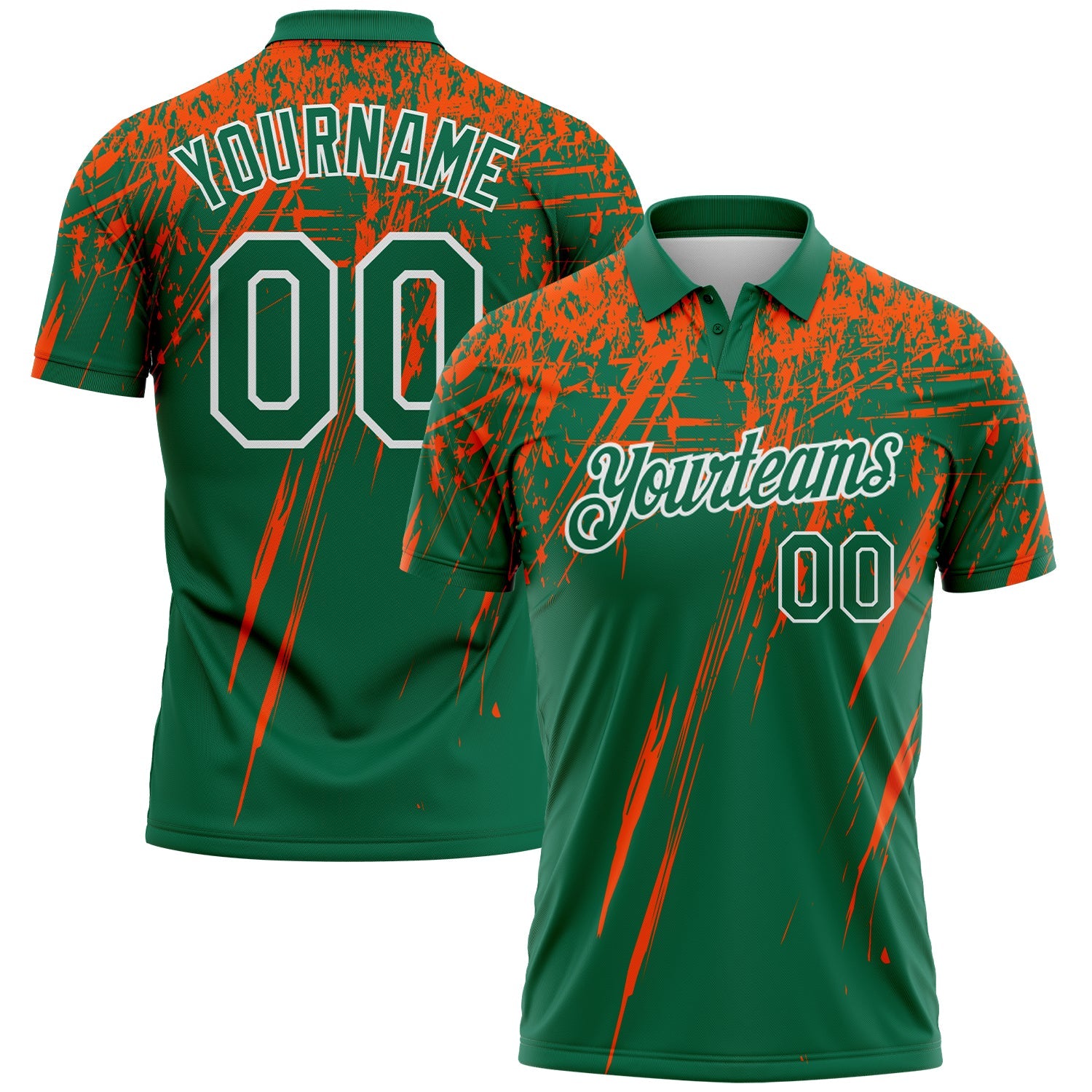 Custom Kelly Green Orange-White Distressed Scratch Brush Stroke Performance Polo Shirt