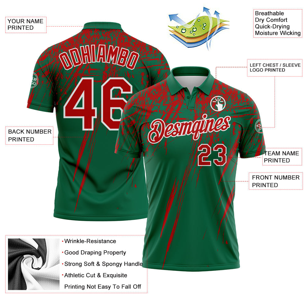 Custom Kelly Green Red-White Distressed Scratch Brush Stroke Performance Polo Shirt