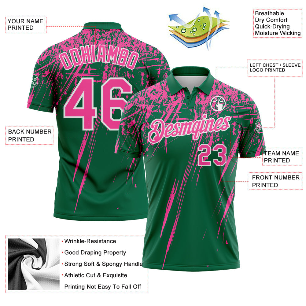 Custom Kelly Green Pink-White Distressed Scratch Brush Stroke Performance Polo Shirt
