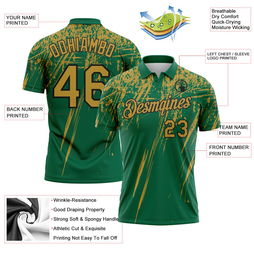 Custom Kelly Green Old Gold-Black Distressed Scratch Brush Stroke Performance Polo Shirt