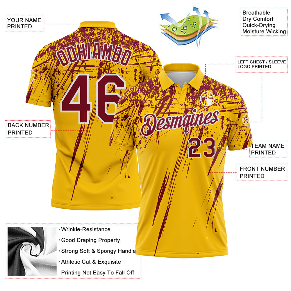 Custom Yellow Crimson-White Distressed Scratch Brush Stroke Performance Polo Shirt