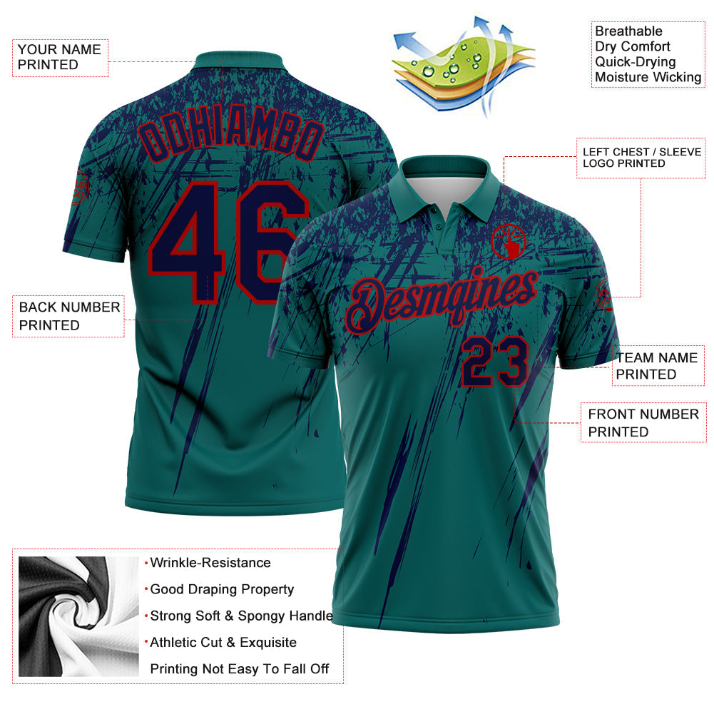 Custom Teal Navy-Red Distressed Scratch Brush Stroke Performance Polo Shirt