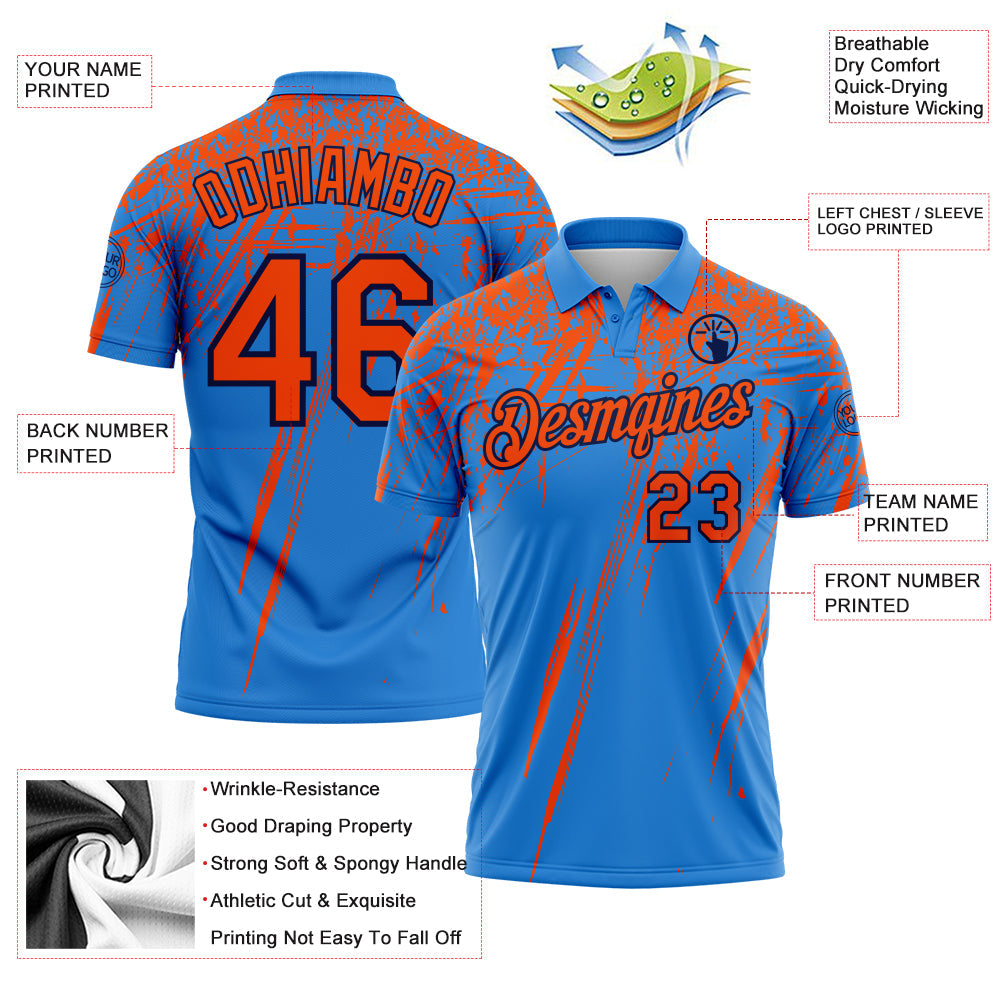 Custom Powder Blue Orange-Navy Distressed Scratch Brush Stroke Performance Polo Shirt