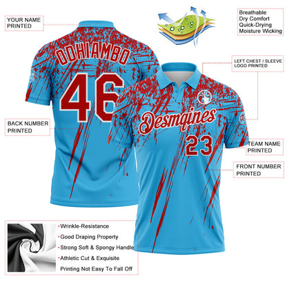 Custom Sky Blue Red-White Distressed Scratch Brush Stroke Performance Polo Shirt
