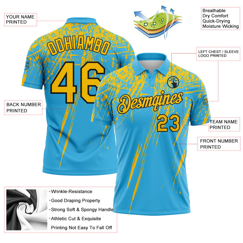 Custom Sky Blue Yellow-Black Distressed Scratch Brush Stroke Performance Polo Shirt