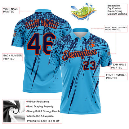 Custom Sky Blue Navy-Orange Distressed Scratch Brush Stroke Performance Polo Shirt
