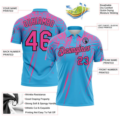 Custom Sky Blue Pink-Black Distressed Scratch Brush Stroke Performance Polo Shirt