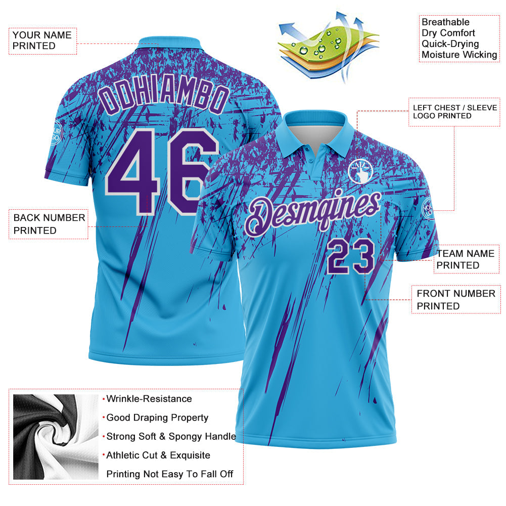 Custom Sky Blue Purple-White Distressed Scratch Brush Stroke Performance Polo Shirt