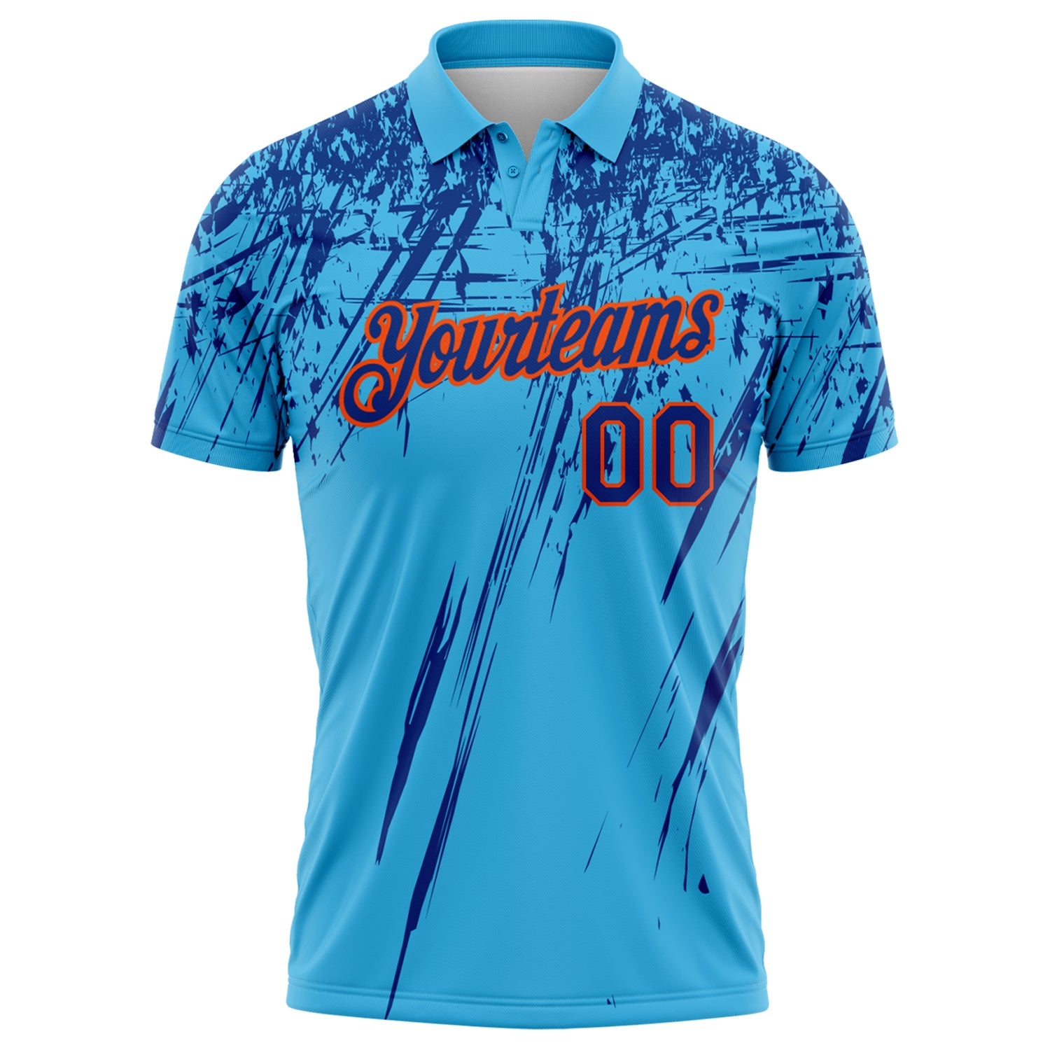 Custom Sky Blue Royal-Orange Distressed Scratch Brush Stroke Performance Polo Shirt
