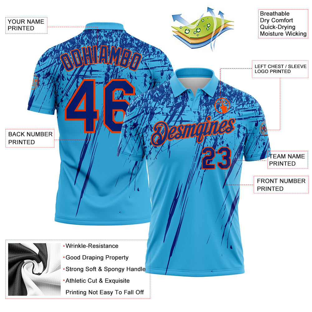 Custom Sky Blue Royal-Orange Distressed Scratch Brush Stroke Performance Polo Shirt