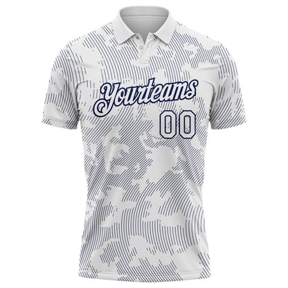 Custom White-Navy 3D Pattern Abstract Fluid Line Performance Polo Shirt