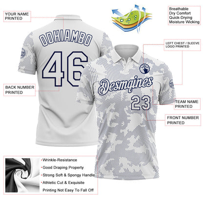 Custom White-Navy 3D Pattern Abstract Fluid Line Performance Polo Shirt
