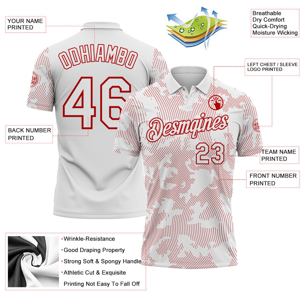 Custom White-Red 3D Pattern Abstract Fluid Line Performance Polo Shirt