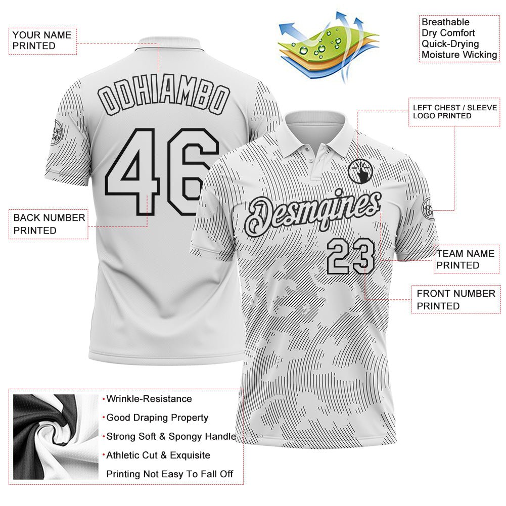 Custom White-Black 3D Pattern Abstract Fluid Line Performance Polo Shirt