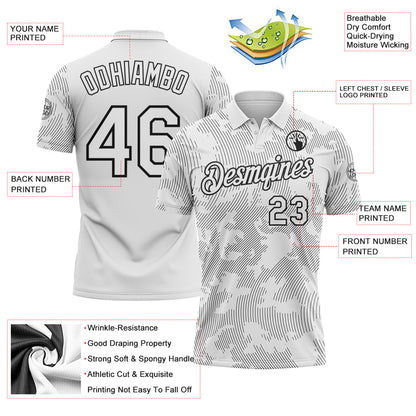 Custom White-Black 3D Pattern Abstract Fluid Line Performance Polo Shirt