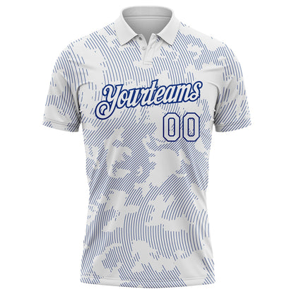 Custom White-Royal 3D Pattern Abstract Fluid Line Performance Polo Shirt