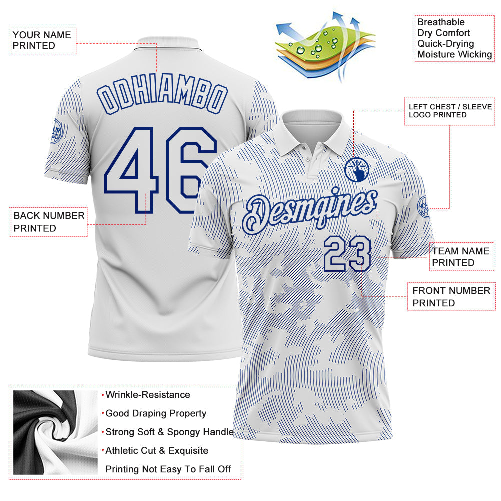 Custom White-Royal 3D Pattern Abstract Fluid Line Performance Polo Shirt