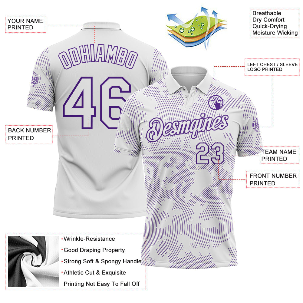 Custom White-Purple 3D Pattern Abstract Fluid Line Performance Polo Shirt