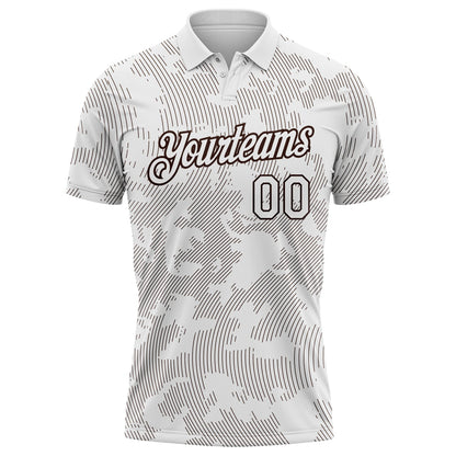 Custom White-Brown 3D Pattern Abstract Fluid Line Performance Polo Shirt