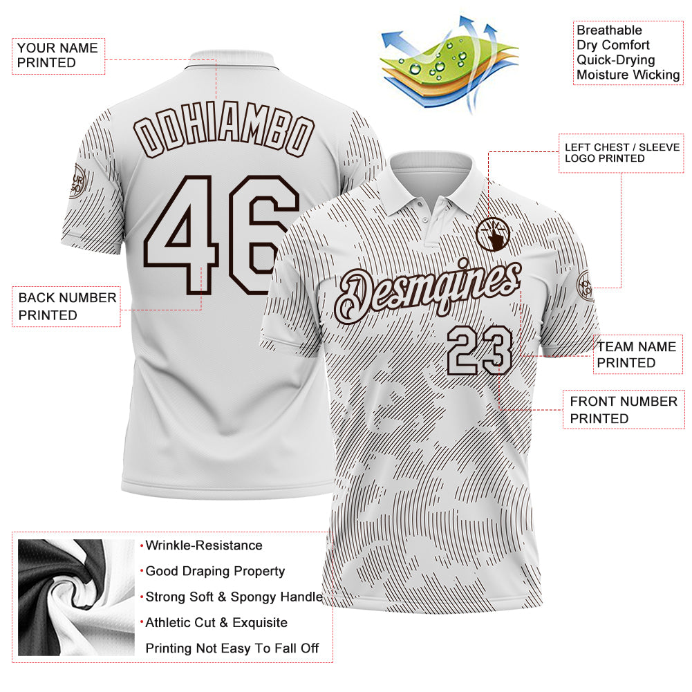 Custom White-Brown 3D Pattern Abstract Fluid Line Performance Polo Shirt