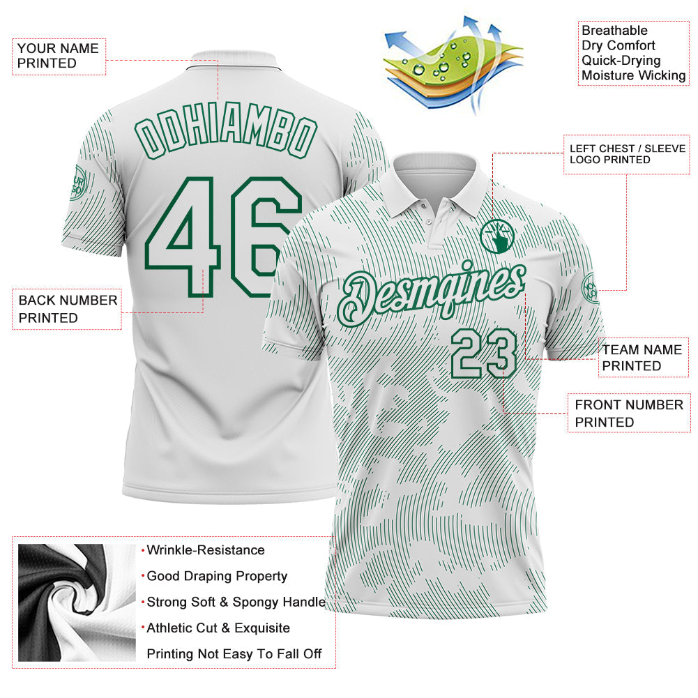 Custom White-Kelly Green 3D Pattern Abstract Fluid Line Performance Polo Shirt