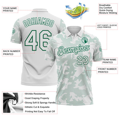 Custom White-Kelly Green 3D Pattern Abstract Fluid Line Performance Polo Shirt