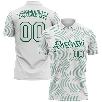 Custom White-Kelly Green 3D Pattern Abstract Fluid Line Performance Polo Shirt