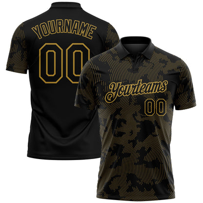 Custom Black-Old Gold 3D Pattern Abstract Fluid Line Performance Polo Shirt