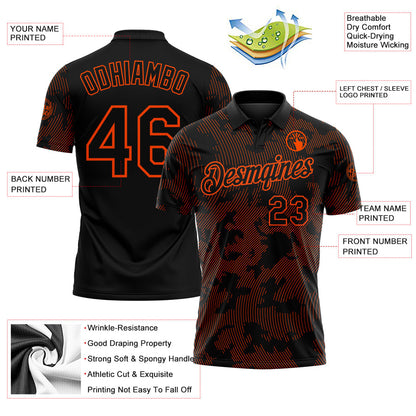 Custom Black-Orange 3D Pattern Abstract Fluid Line Performance Polo Shirt