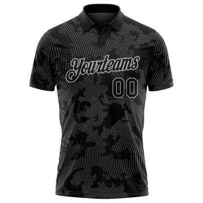 Custom Black-Gray 3D Pattern Abstract Fluid Line Performance Polo Shirt