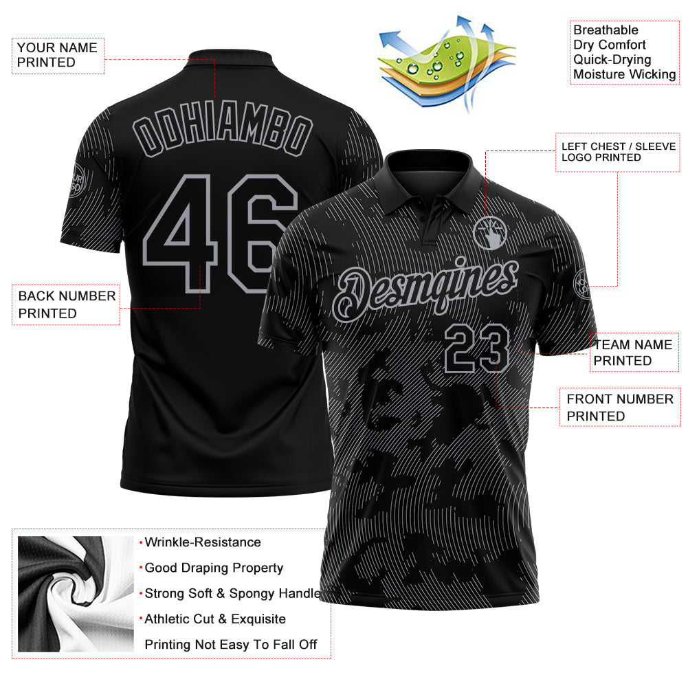 Custom Black-Gray 3D Pattern Abstract Fluid Line Performance Polo Shirt