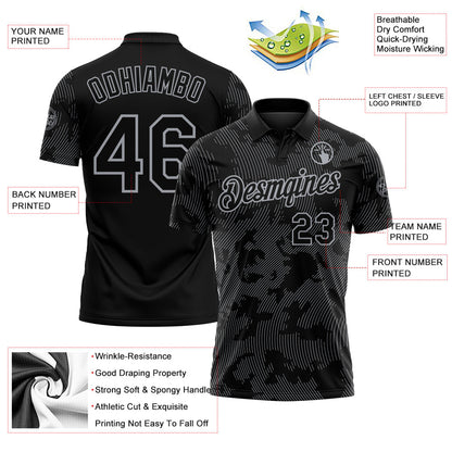 Custom Black-Gray 3D Pattern Abstract Fluid Line Performance Polo Shirt