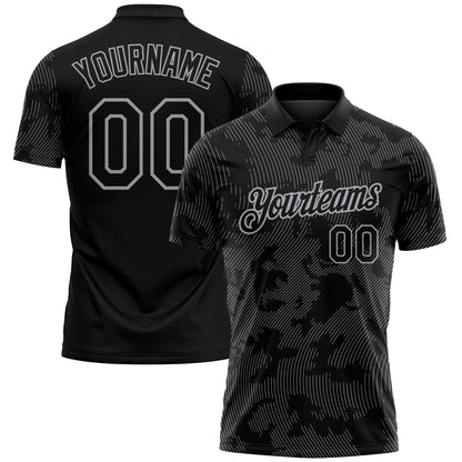 Custom Black-Gray 3D Pattern Abstract Fluid Line Performance Polo Shirt