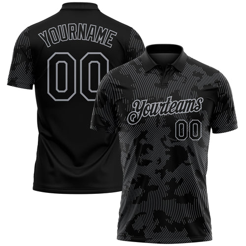 Custom Black-Gray 3D Pattern Abstract Fluid Line Performance Polo Shirt