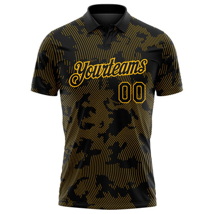 Custom Black-Gold 3D Pattern Abstract Fluid Line Performance Polo Shirt