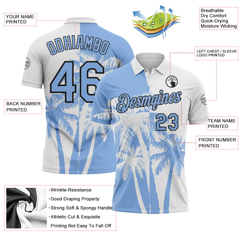 Custom White Light Blue-Black Hawaii Tropical Coastal Palm Trees Performance Polo Shirt