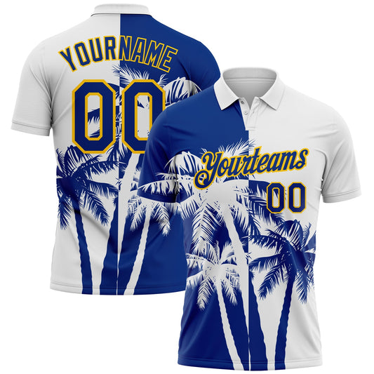 Custom White Royal-Yellow Hawaii Tropical Coastal Palm Trees Performance Polo Shirt