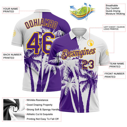 Custom White Purple-Yellow Hawaii Tropical Coastal Palm Trees Performance Polo Shirt