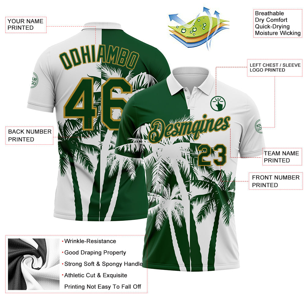 Custom White Green-Old Gold Hawaii Tropical Coastal Palm Trees Performance Polo Shirt