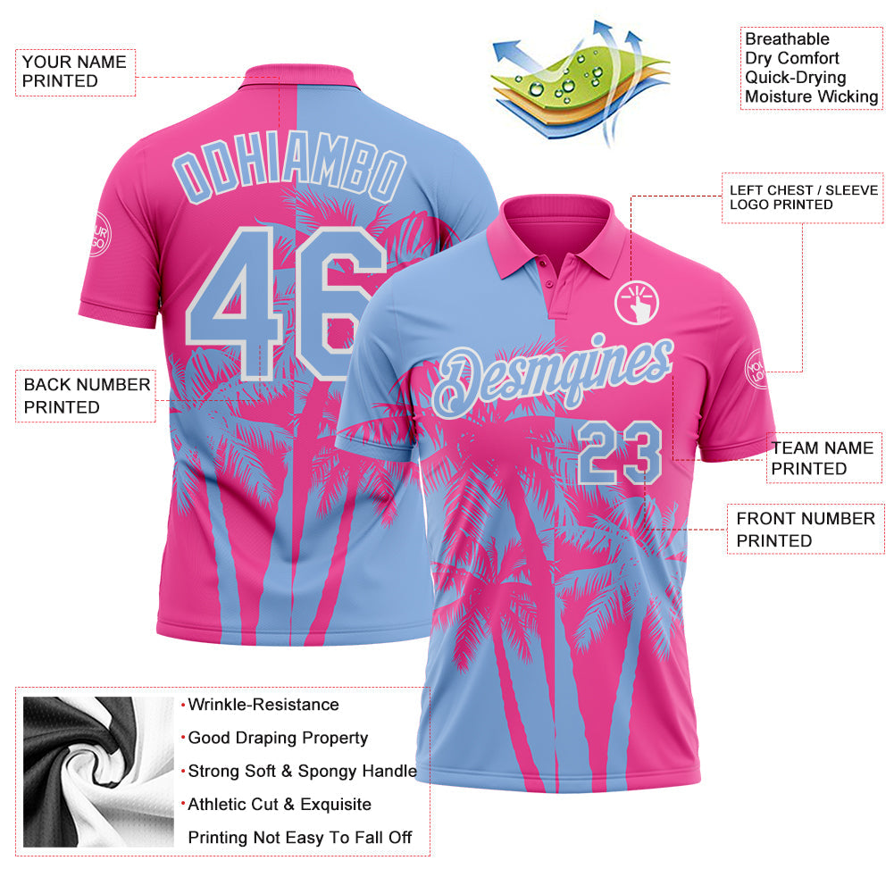 Custom Pink Light Blue-White Hawaii Tropical Coastal Palm Trees Performance Polo Shirt
