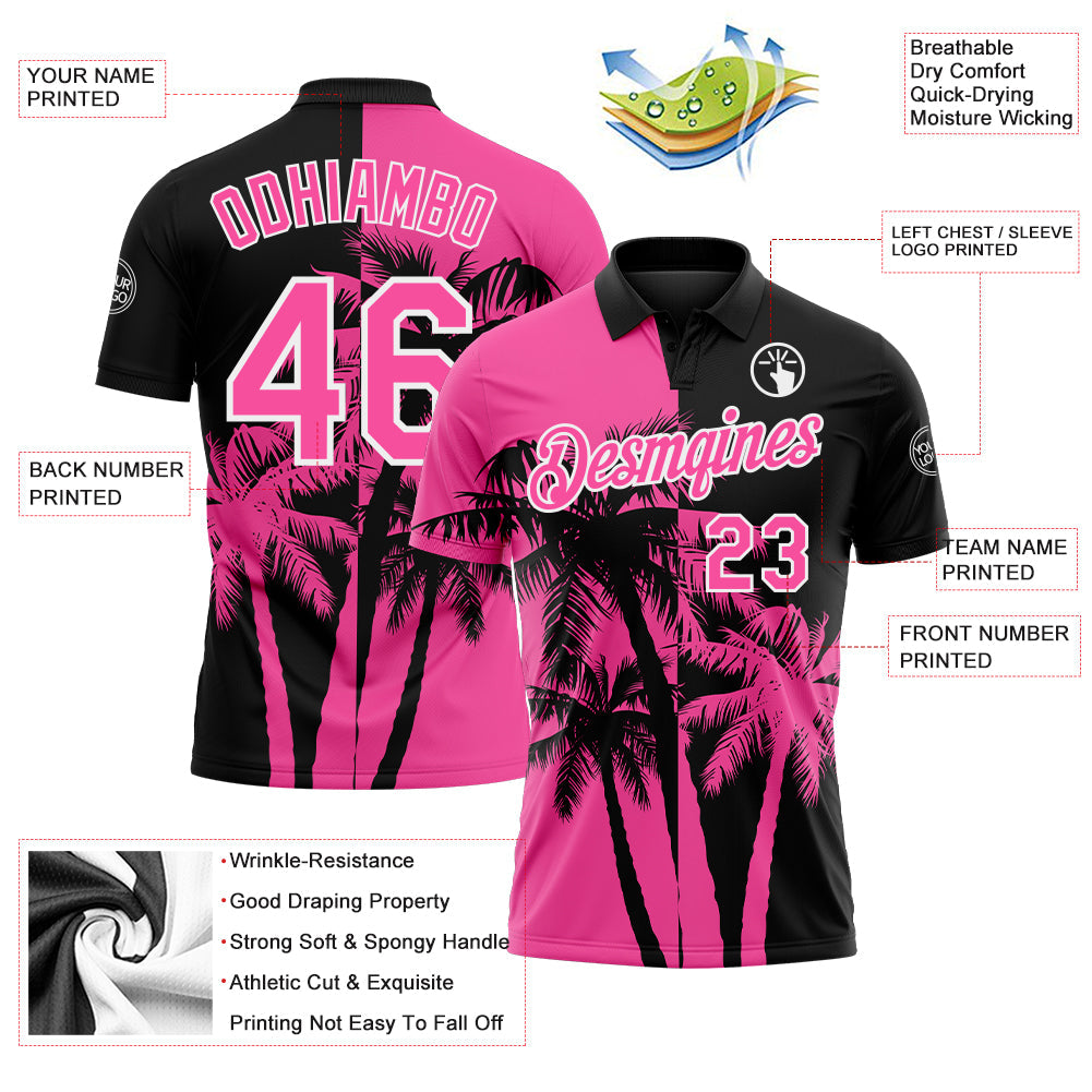 Custom Black Pink-White Hawaii Tropical Coastal Palm Trees Performance Polo Shirt