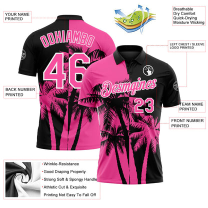 Custom Black Pink-White Hawaii Tropical Coastal Palm Trees Performance Polo Shirt