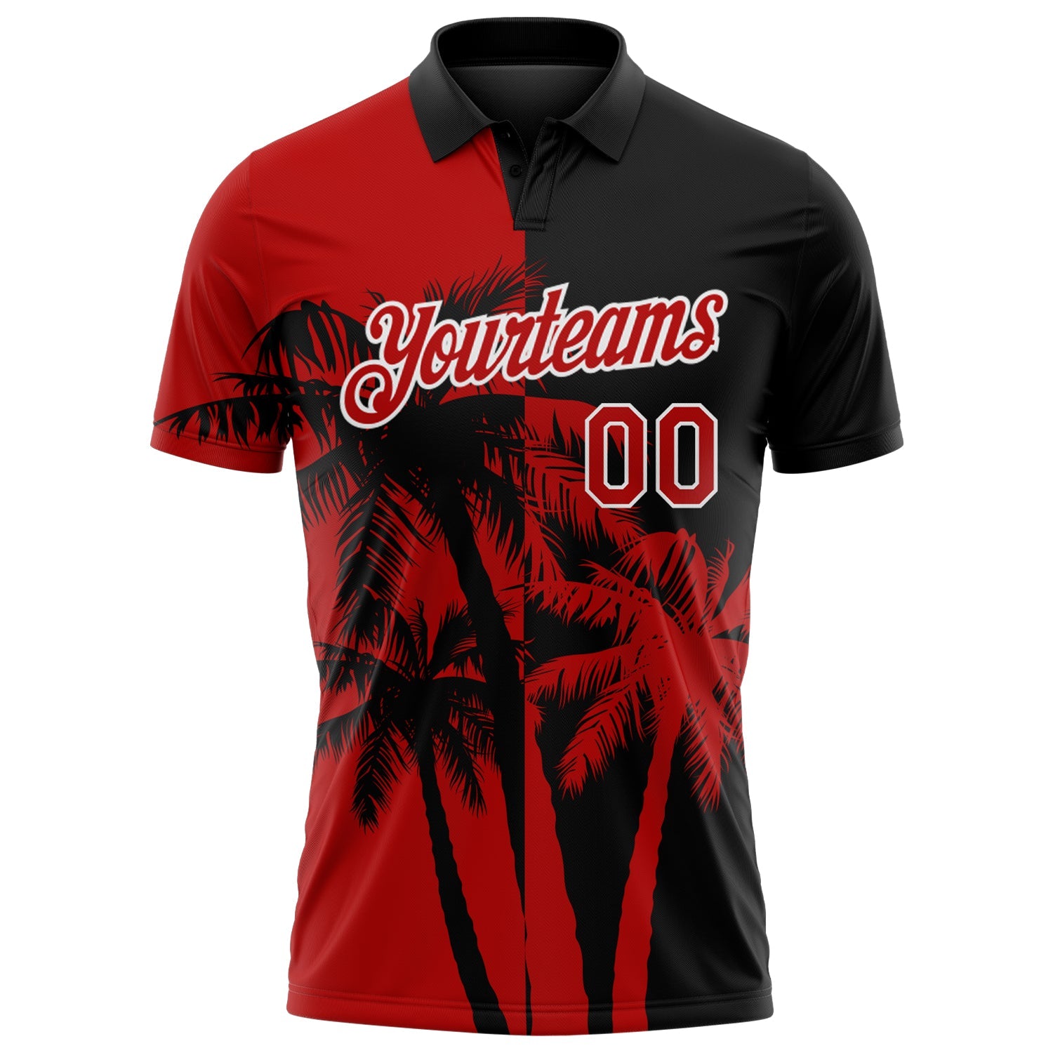 Custom Black Red-White Hawaii Tropical Coastal Palm Trees Performance Polo Shirt