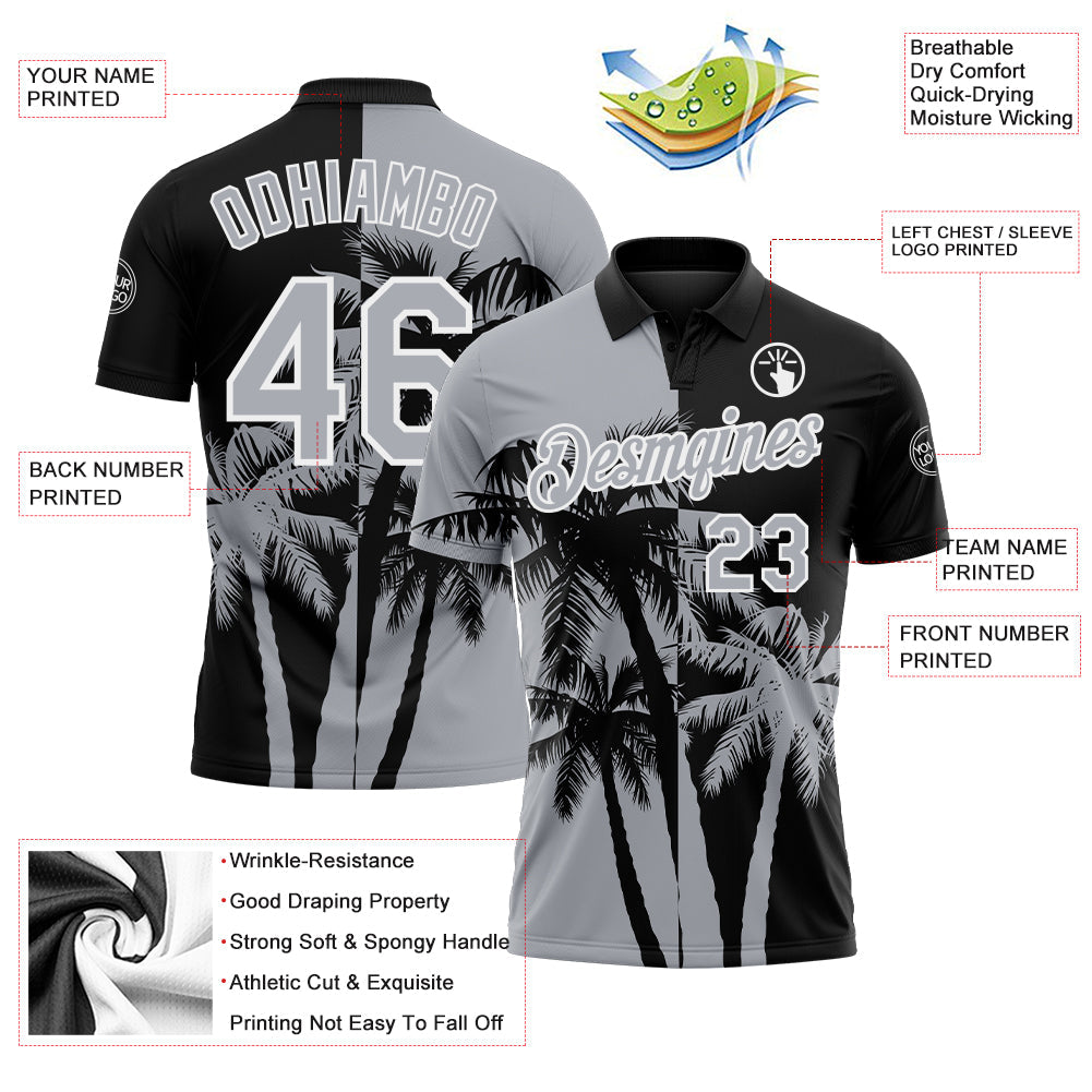 Custom Black Gray-White Hawaii Tropical Coastal Palm Trees Performance Polo Shirt