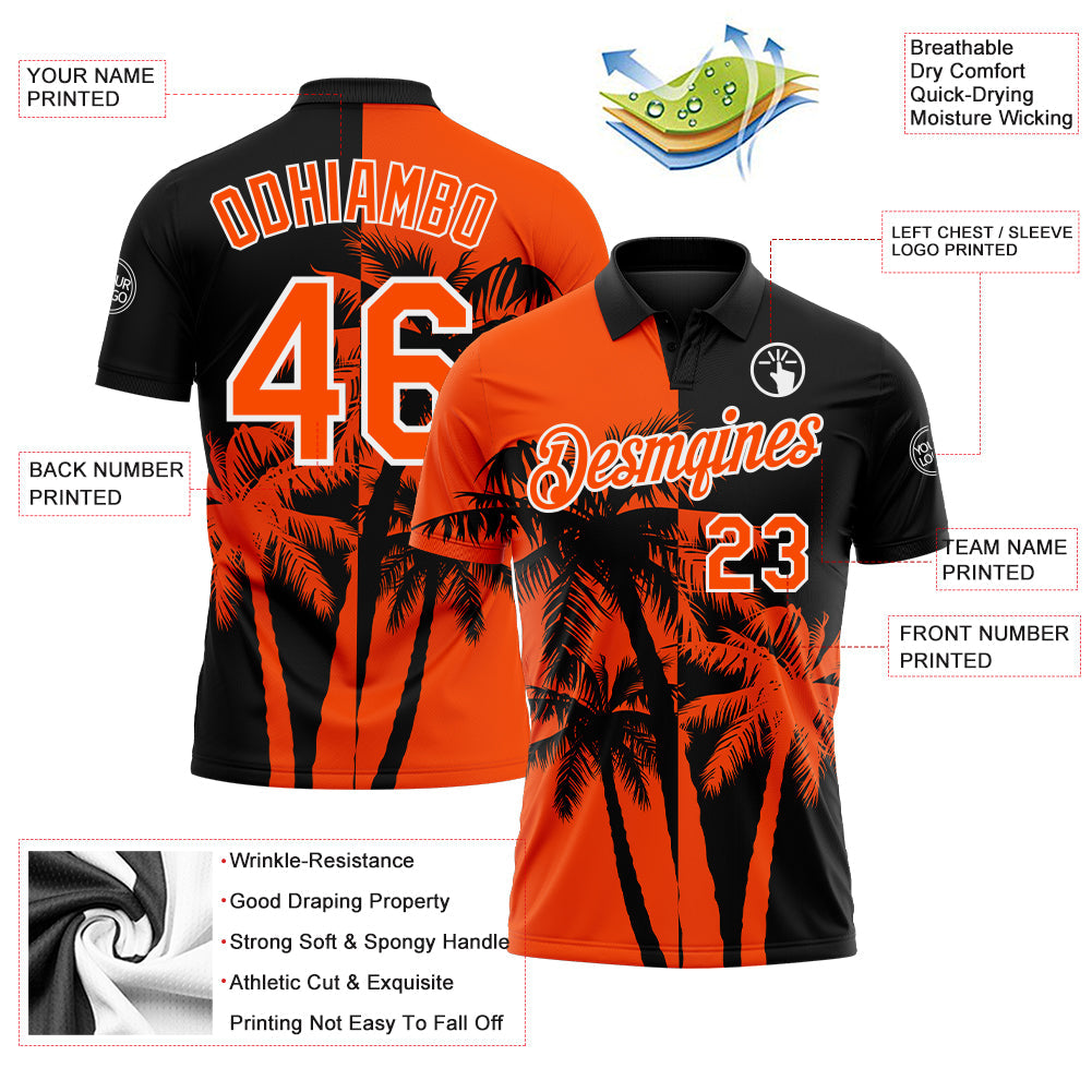 Custom Black Orange-White Hawaii Tropical Coastal Palm Trees Performance Polo Shirt